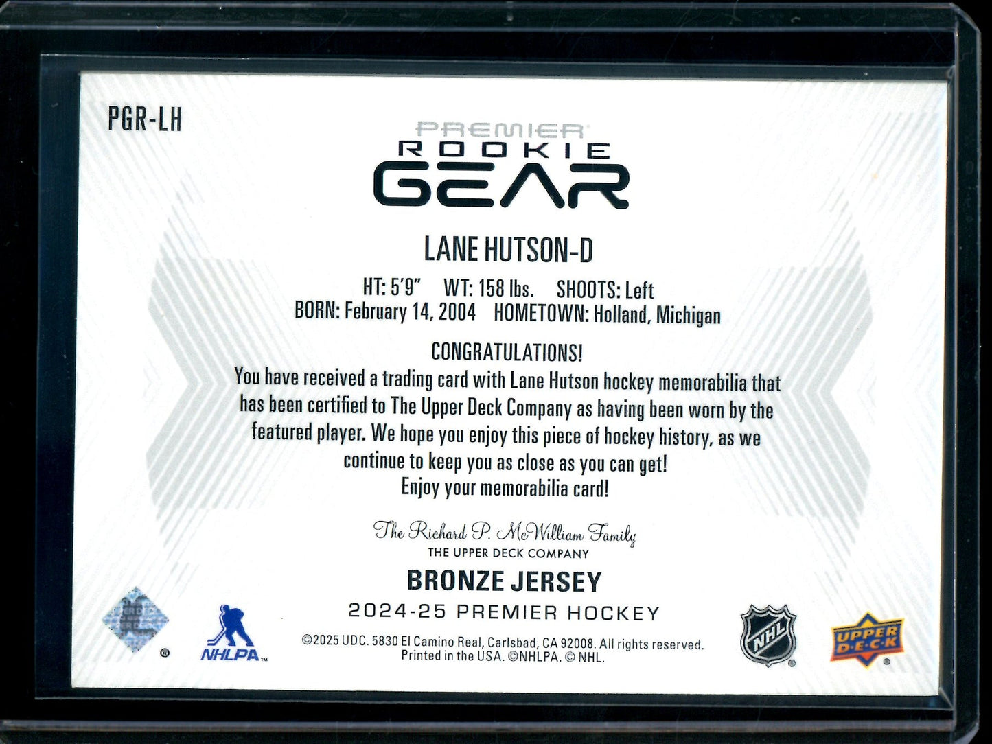 2025 Upper Deck Premier Lane Hutson Rookie Gear /99 Canadiens