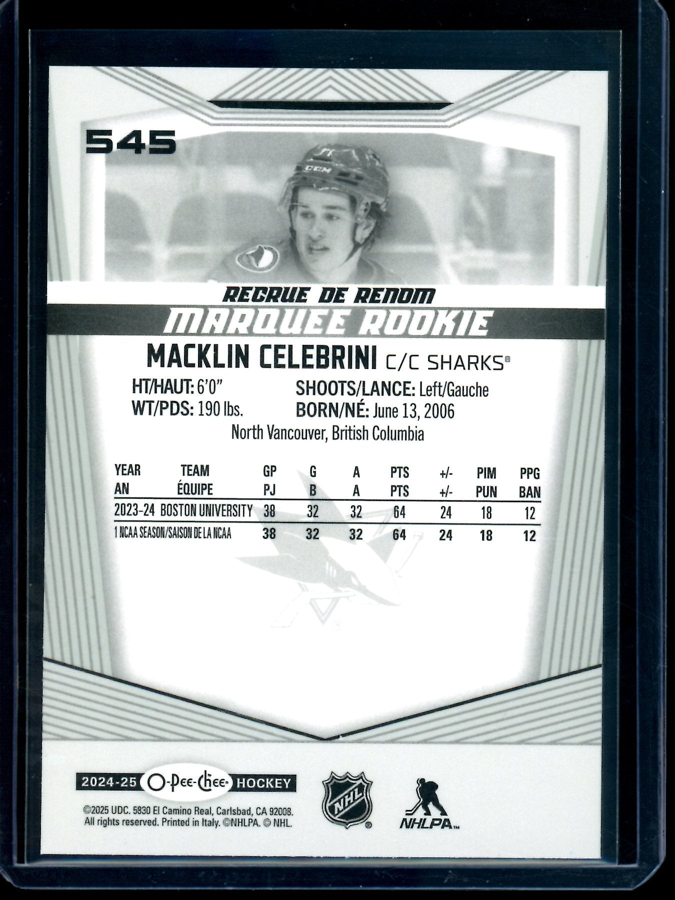 2025 O-Pee-Chee Macklin Celebrini Rookie Card Sharks