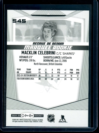2025 O-Pee-Chee Macklin Celebrini Rookie Card Sharks