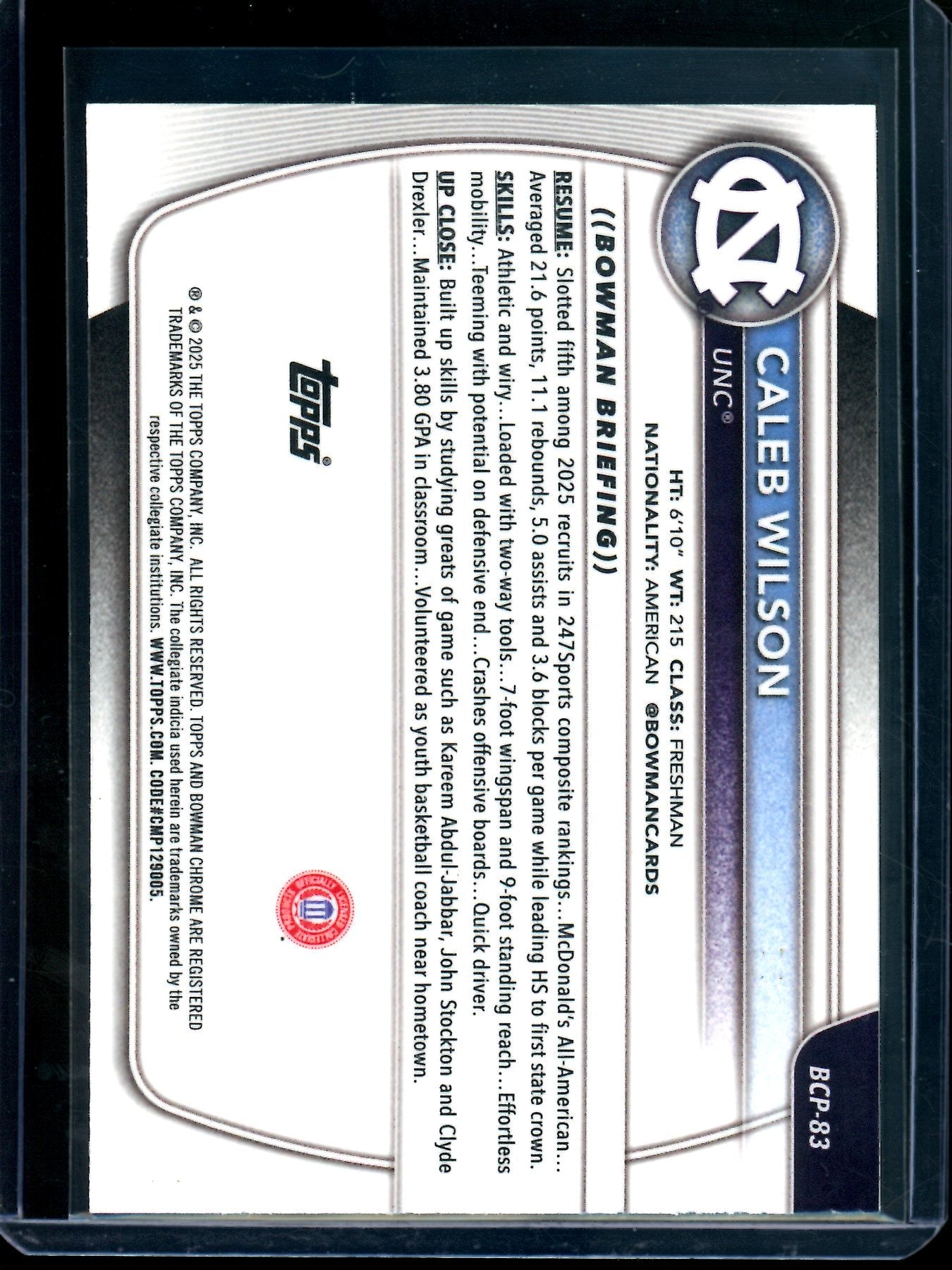 2025 Bowman Chrome Caleb Wilson 1st Maroon Mojo Refractor /275 UNC