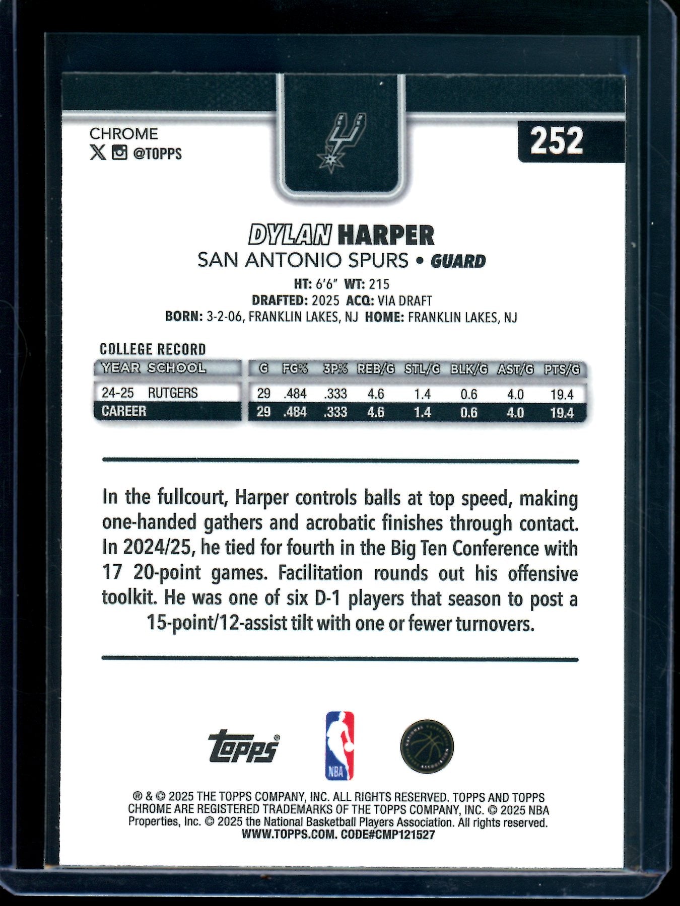 2025 Topps Chrome Dylan Harper Raywave Rookie Refractor Spurs