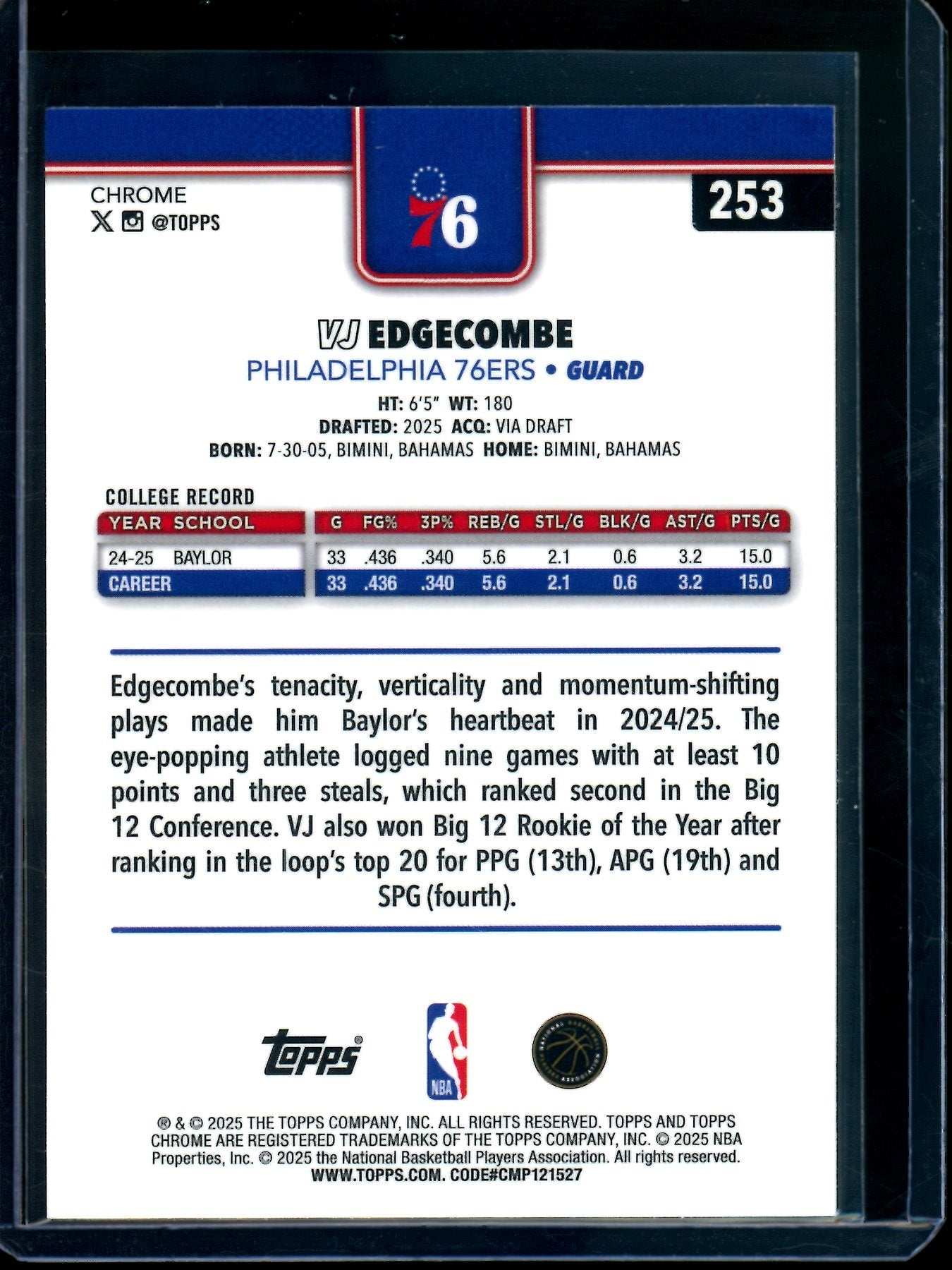 2025 Topps Chrome VJ Edgecombe X-Fractor Rookie Refractor 76ers