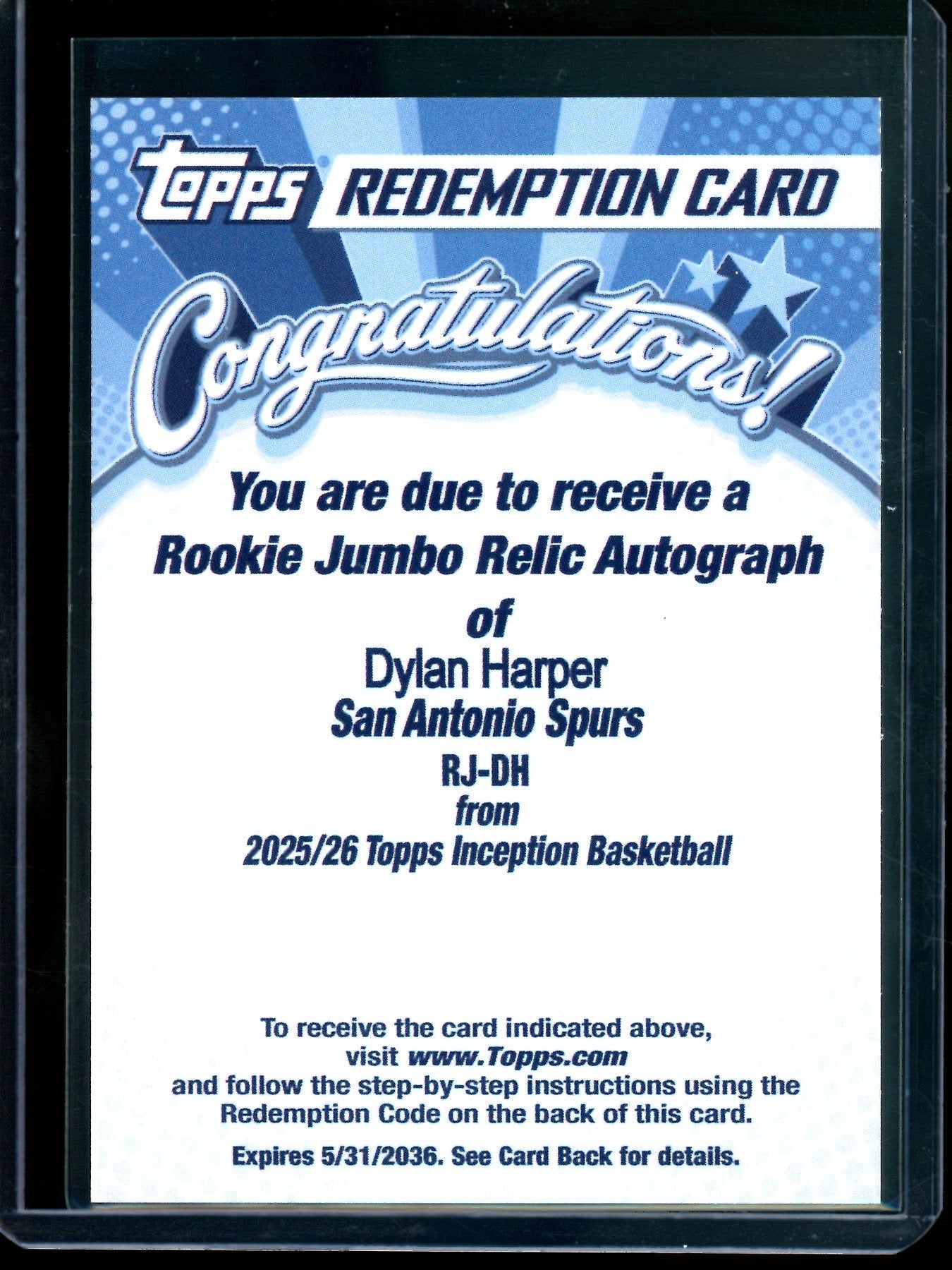 2025 Topps Inception Dylan Harper Rookie Jumbo Relic Autograph Redemption Spurs