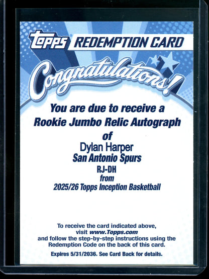 2025 Topps Inception Dylan Harper Rookie Jumbo Relic Autograph Redemption Spurs