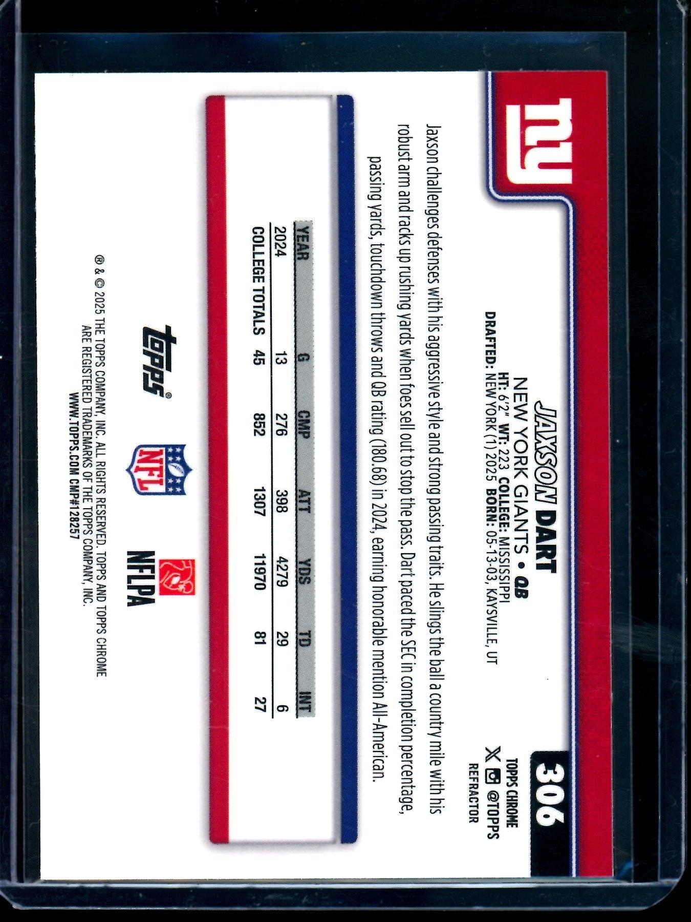 2025 Topps Chrome Jaxson Dart Refractor Rookie Giants