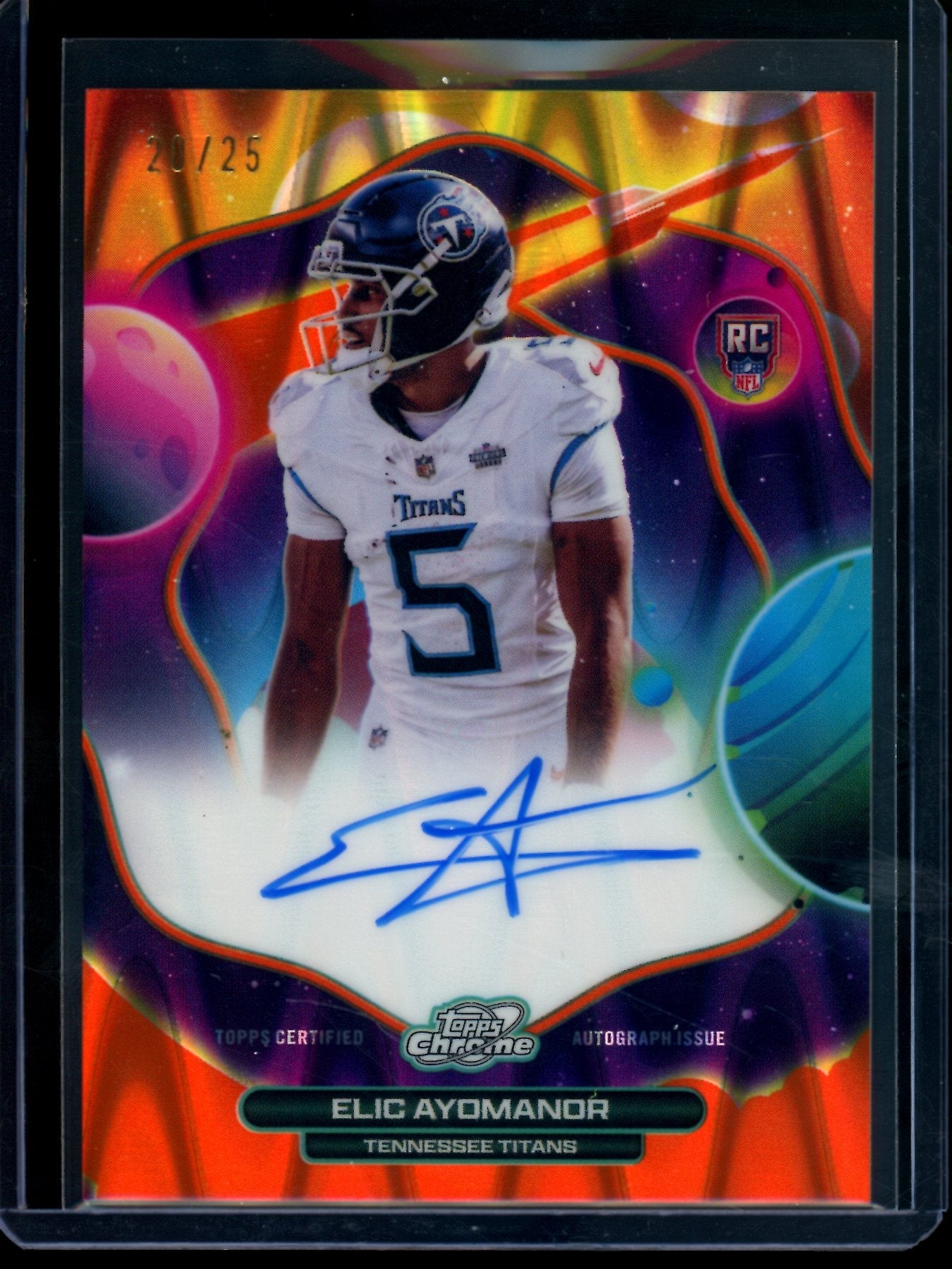 2025 Topps Cosmic Chrome Elic Ayomanor First Flight Signature Card Orange /25 Titans
