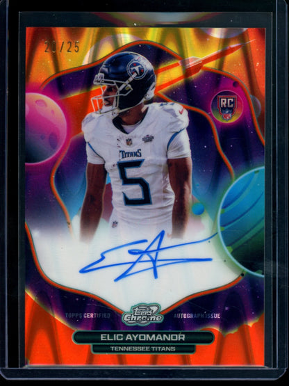 2025 Topps Cosmic Chrome Elic Ayomanor First Flight Signature Card Orange /25 Titans
