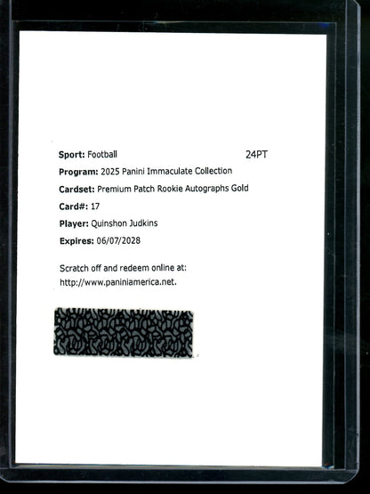 2025 Panini Immaculate Quinshon Judkins Premium Patch Rookie Autograph Gold Redemption Browns