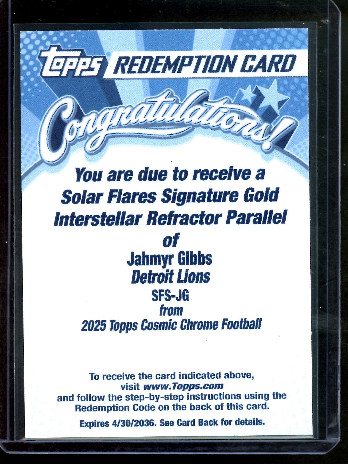2025 Topps Chrome Cosmic Jahmyr Gibbs Solar Flares Signature Gold Interstellar Refractor Redemption Lions