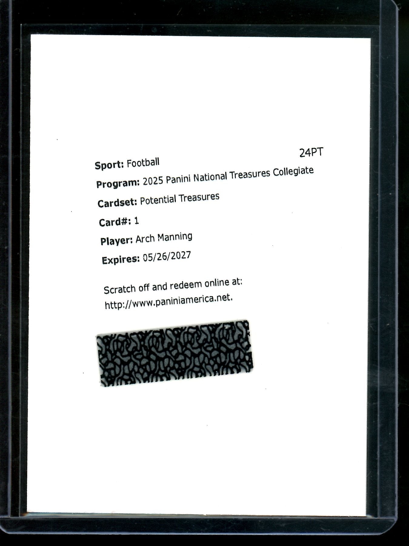 2025 Panini National Treasures Collegiate Arch Manning Potential Treasures Redemption Longhorns