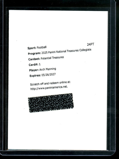 2025 Panini National Treasures Collegiate Arch Manning Potential Treasures Redemption Longhorns