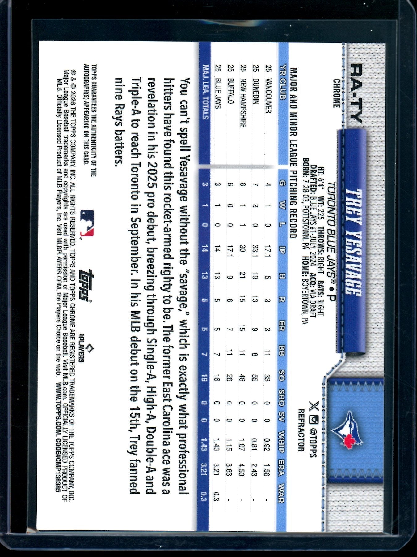 2026 Topps Chrome Trey Yesavage Refractor Rookie Autograph /499 Blue Jays