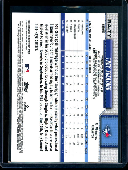 2026 Topps Chrome Trey Yesavage Refractor Rookie Autograph /499 Blue Jays