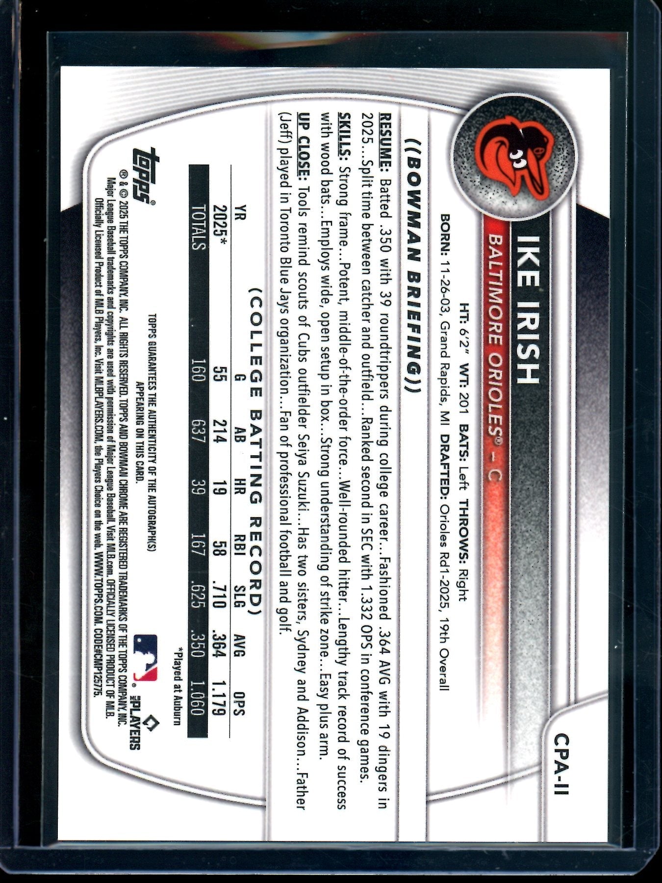 2025 Bowman Chrome Ike Irish 1st Autograph Orioles
