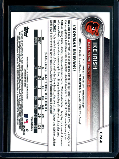 2025 Bowman Chrome Ike Irish 1st Autograph Orioles