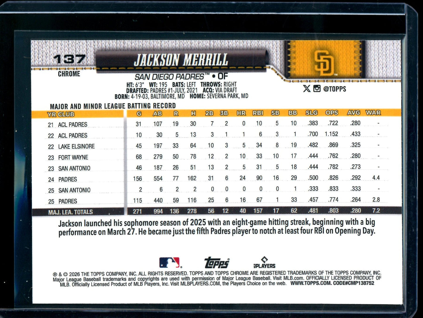 2026 Topps Chrome Jackson Merrill Image Variation Padres