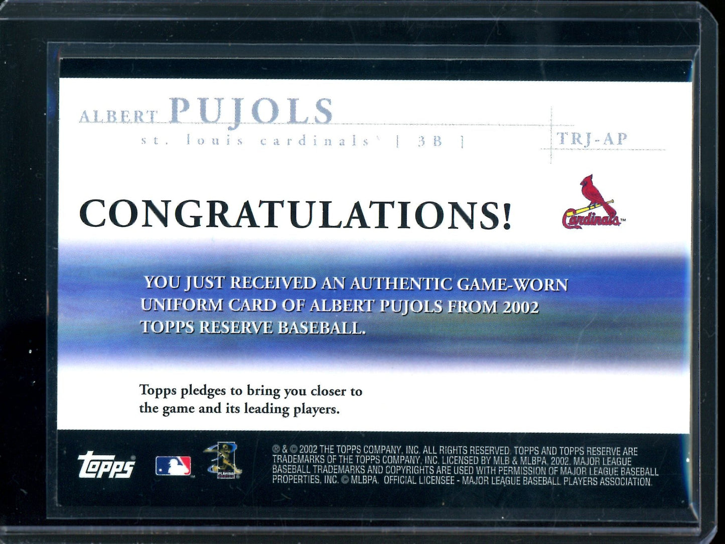 2002 Topps Reserve Albert Pujols Relic #TRJ-AP Cardinals