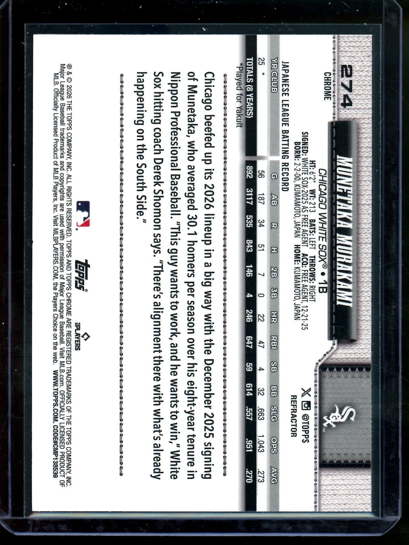 2026 Topps Chrome Munetaka Murakami Refractor Rookie White Sox