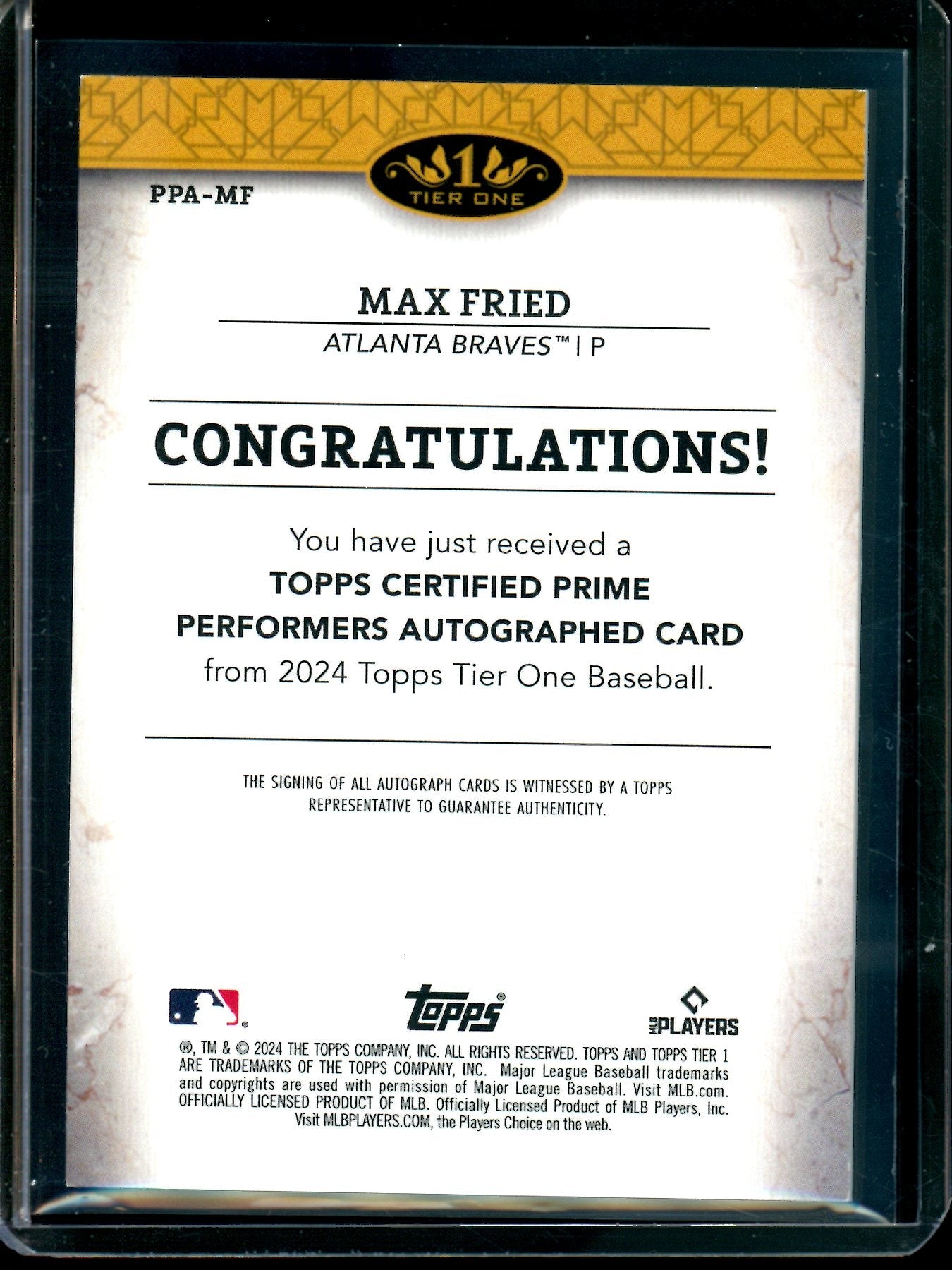 2024 Topps Tier One Max Fried Blue Autograph /99 Braves