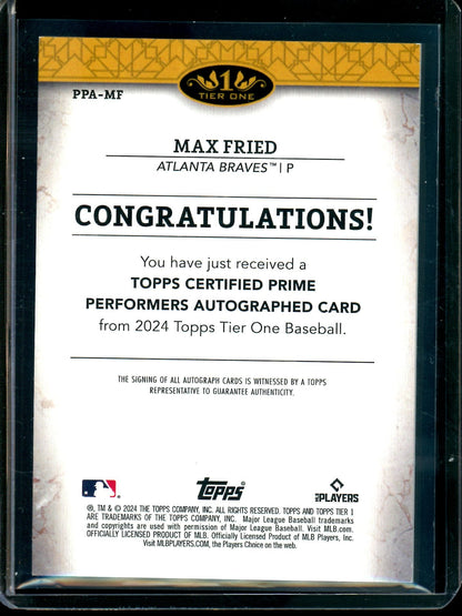 2024 Topps Tier One Max Fried Blue Autograph /99 Braves