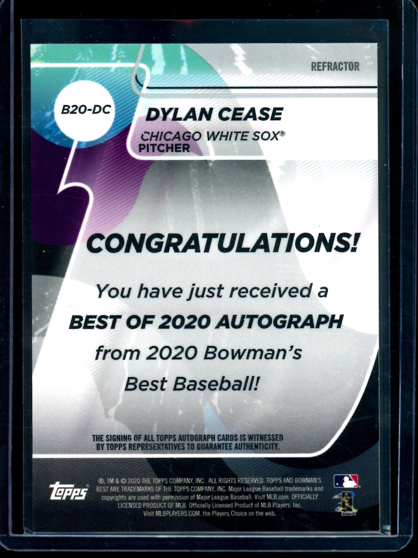 2020 Bowmans Best Dylan Cease Refractor Rookie Autograph White Sox