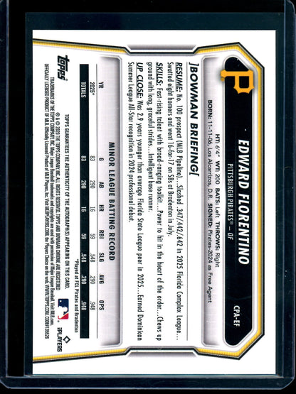 2026 Bowman Chrome Edward Florentino 1st Autograph Pirates