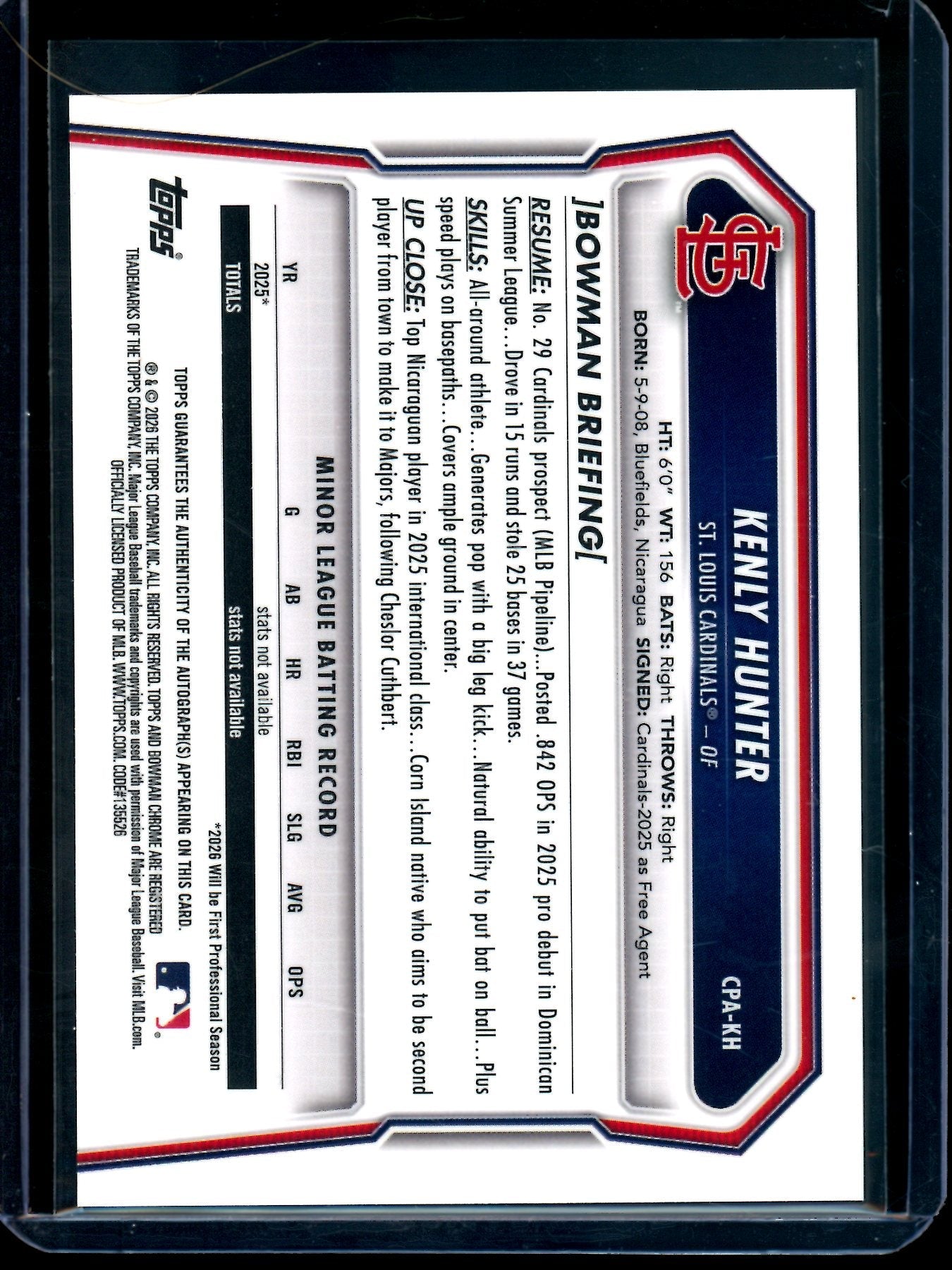 2026 Bowman Chrome Kenly Hunter 1st Autograph Cardinals