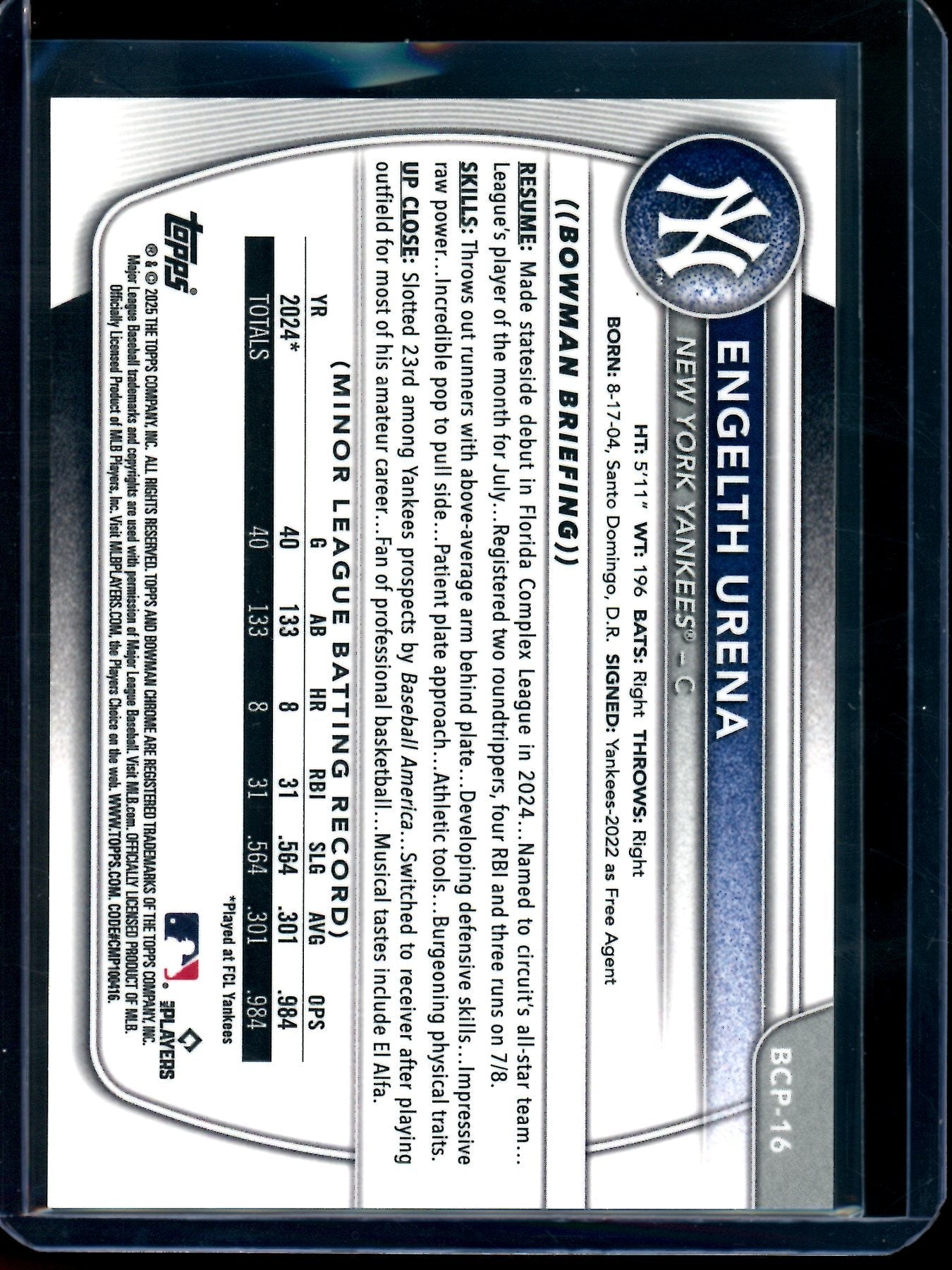 2025 Bowman Chrome Engelth Urena Rose Gold Refractor 1st /15 Yankees