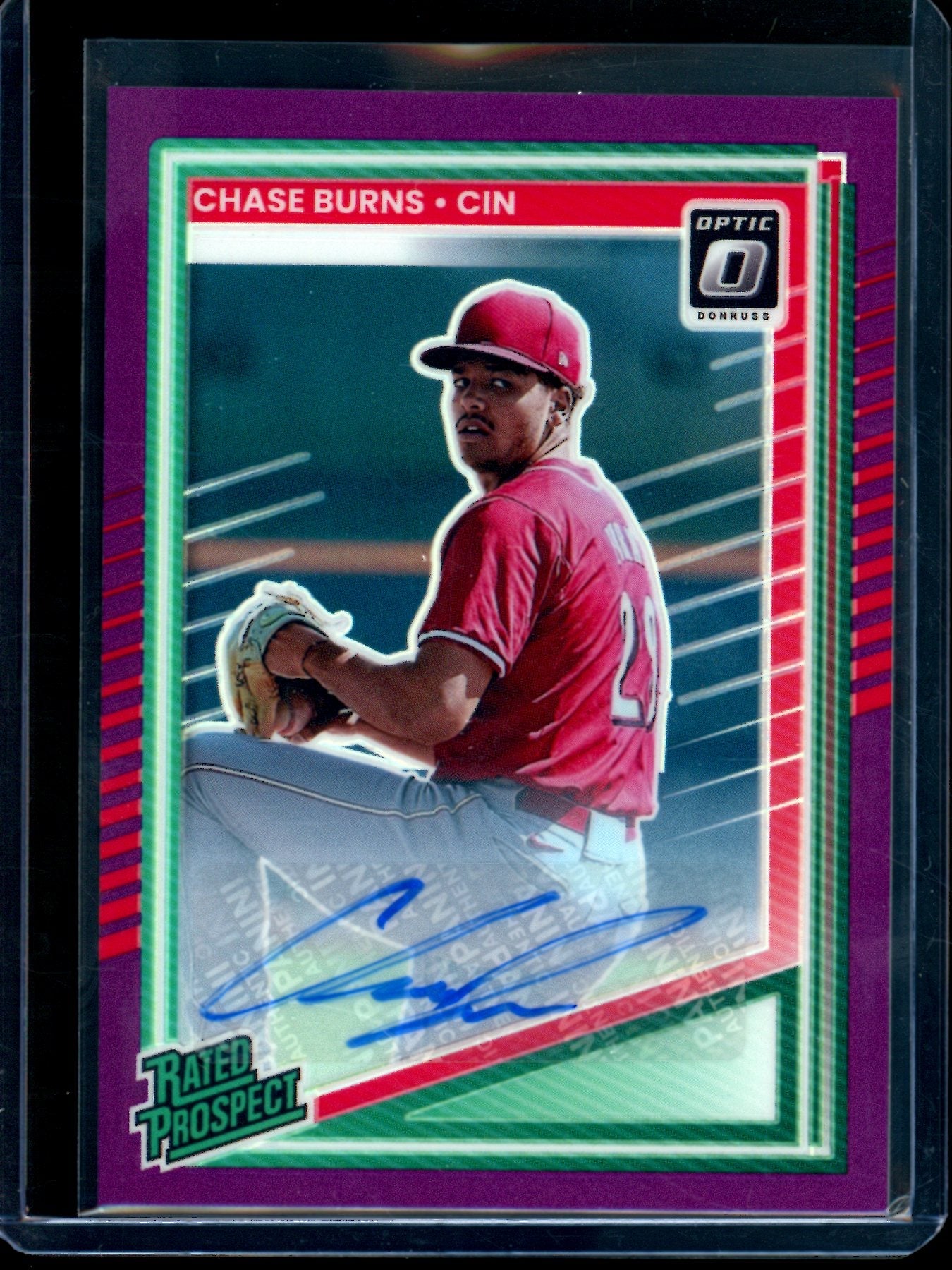 2025 Panini Optic Chase Burns Purple Rated Prospect Autograph /49 Reds