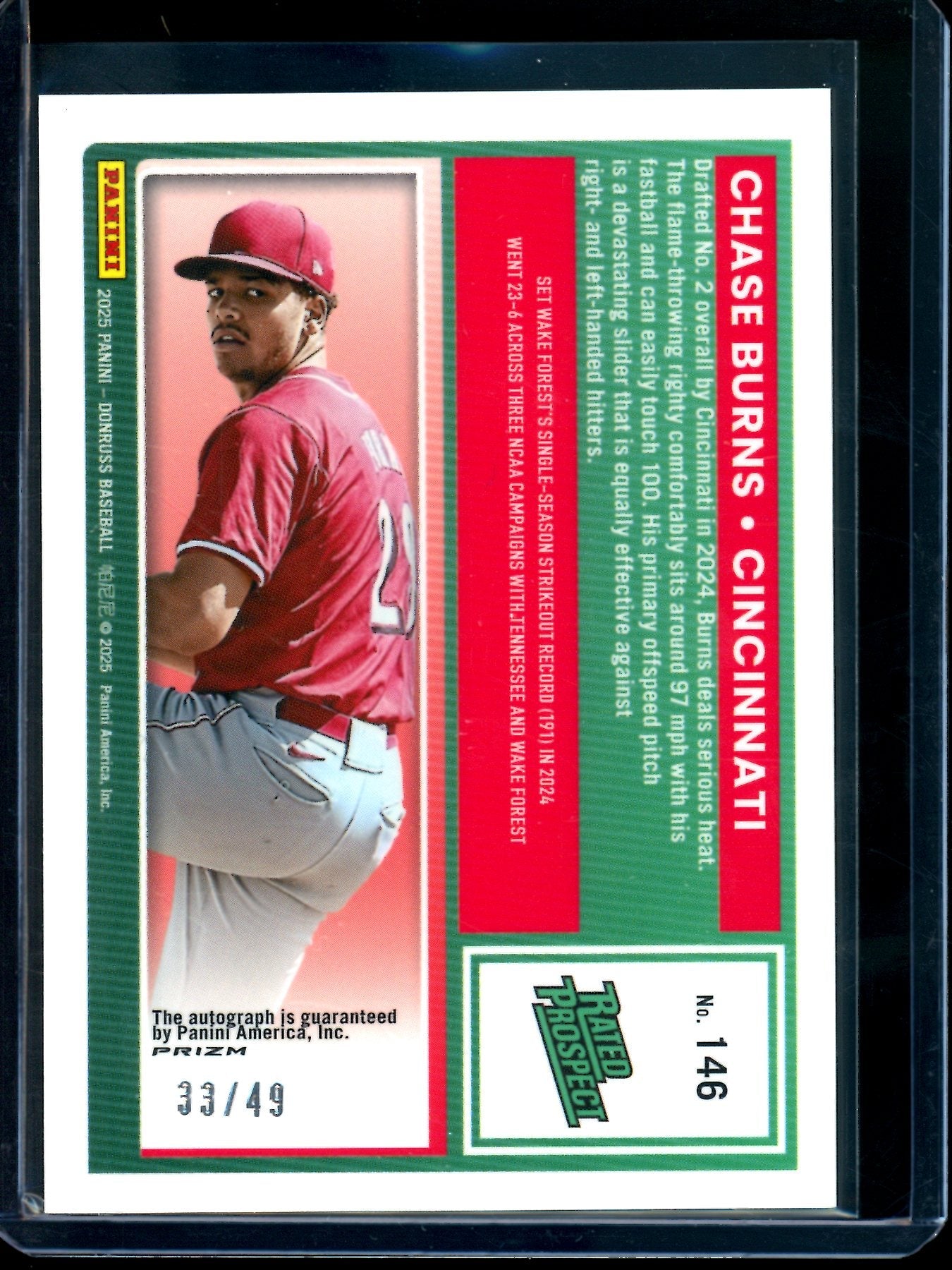2025 Panini Optic Chase Burns Purple Rated Prospect Autograph /49 Reds