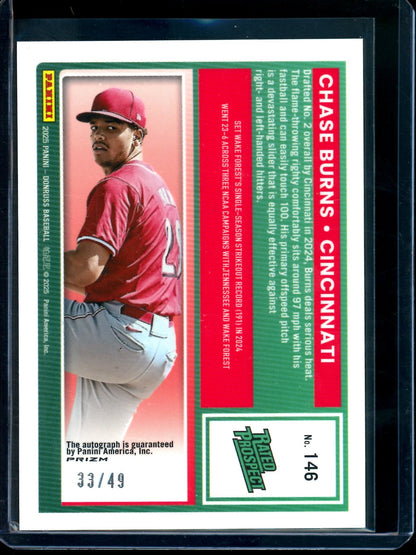 2025 Panini Optic Chase Burns Purple Rated Prospect Autograph /49 Reds