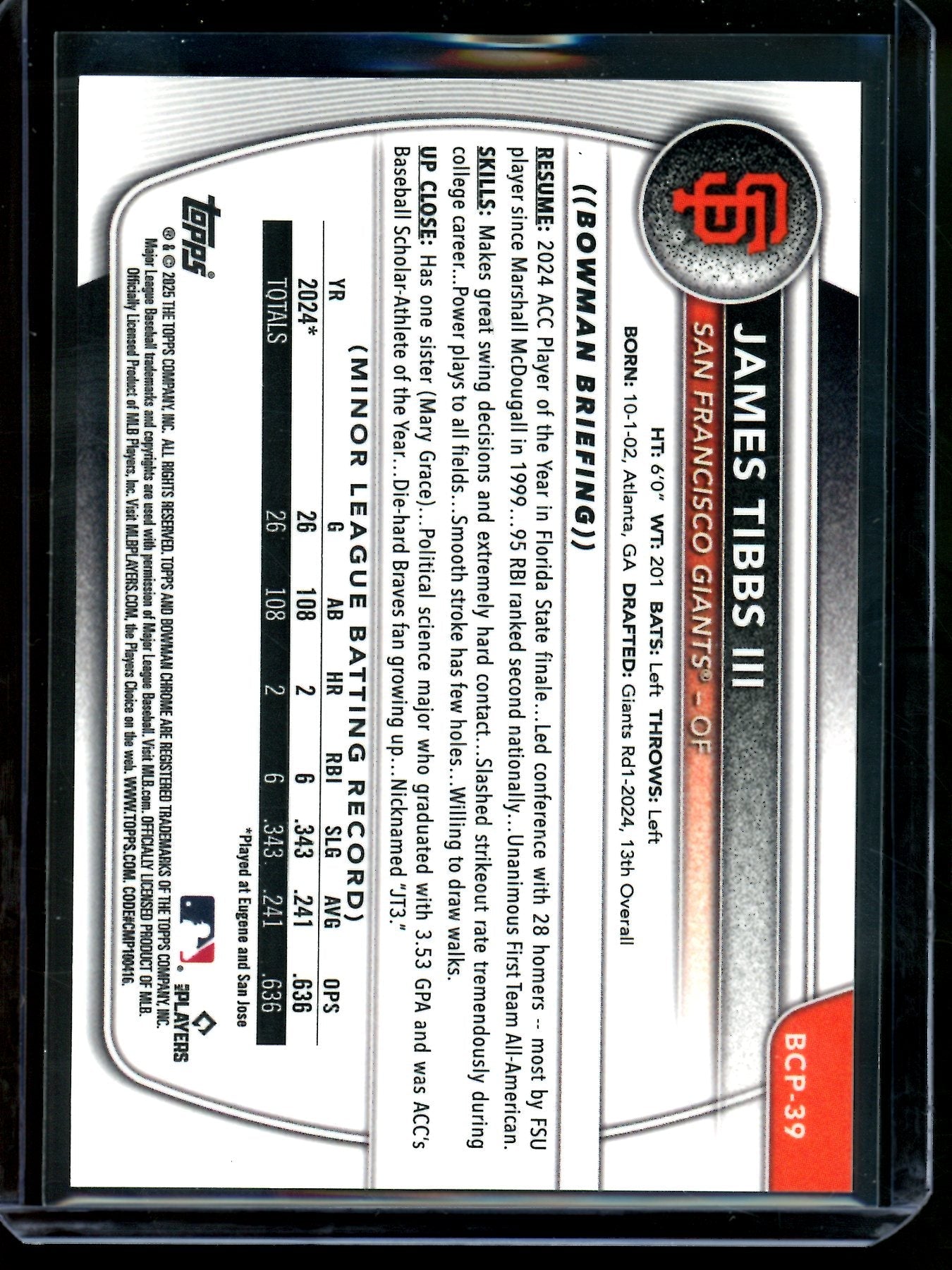 2025 Bowman Chrome James Tibbs III Gold Geometric Refractor /50 Giants