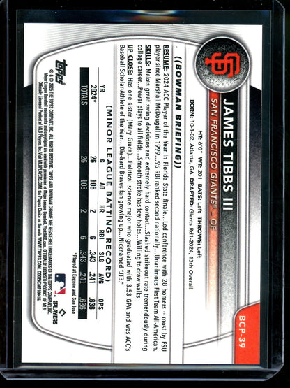 2025 Bowman Chrome James Tibbs III Gold Geometric Refractor /50 Giants