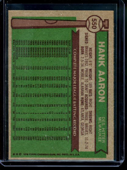 1976 Topps Hank Aaron #550 Braves (B)
