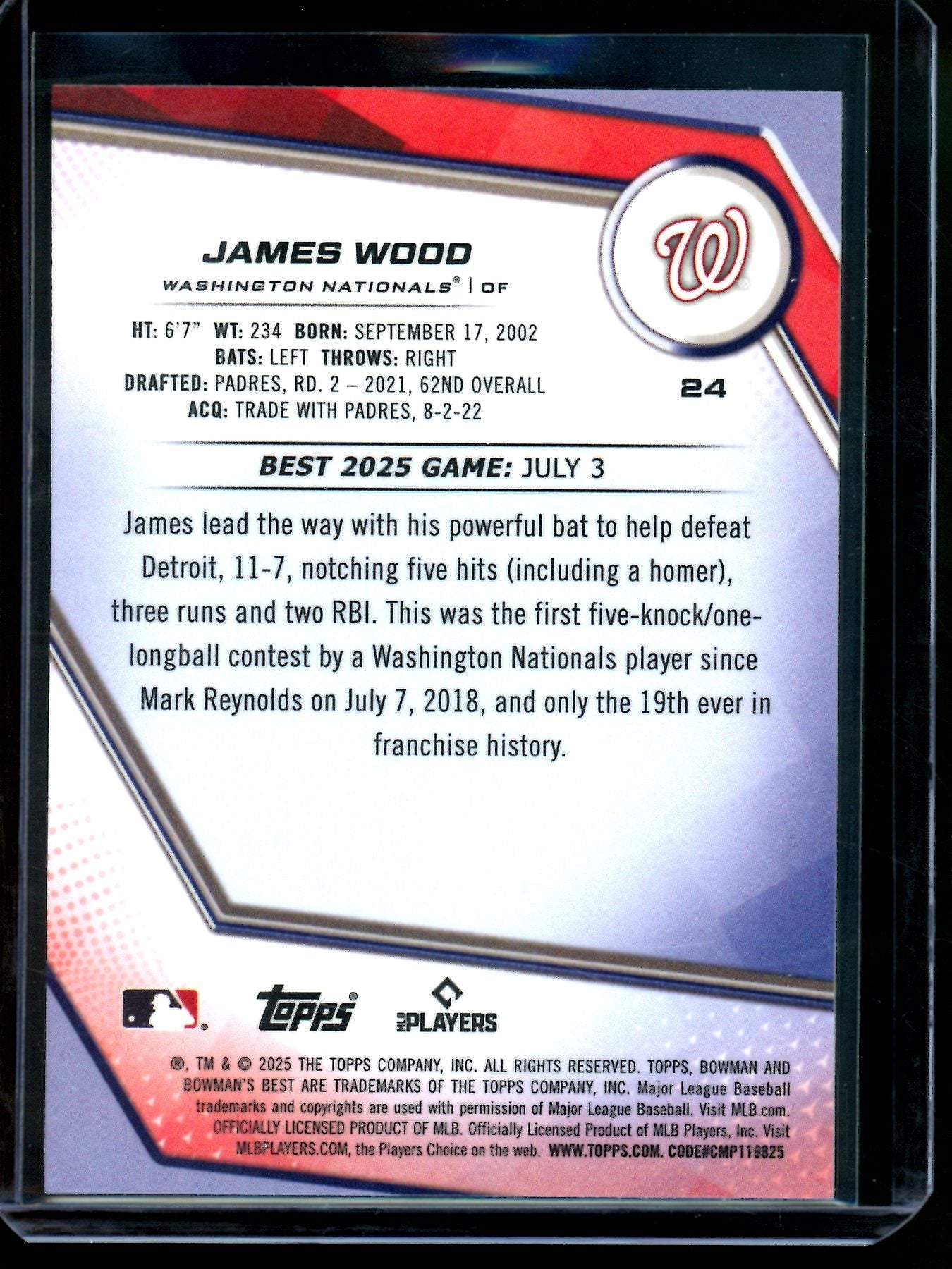 2025 Bowmans Best James Wood Blue Rookie X-Fractor /150 Nationals