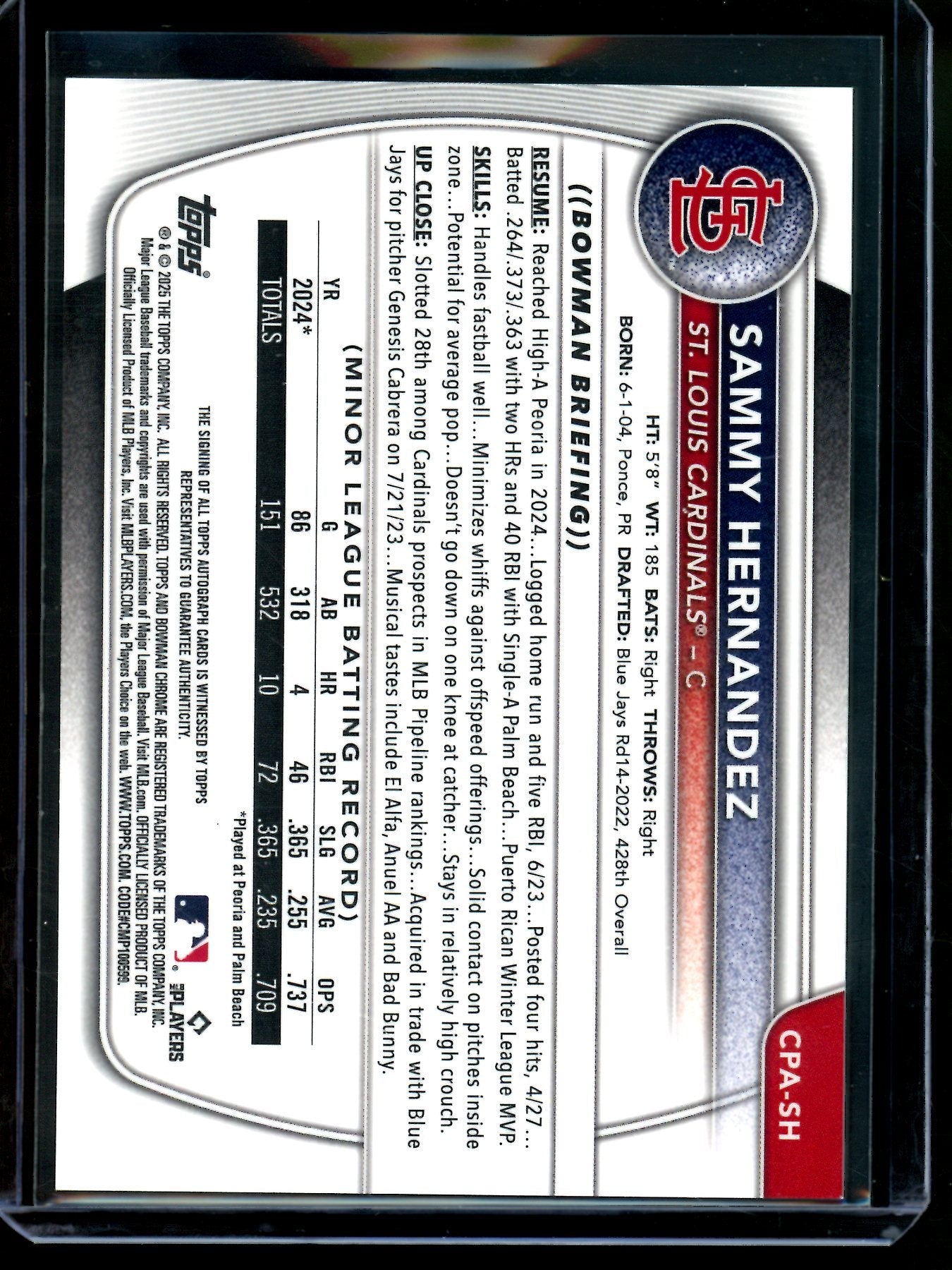 2025 Bowman Chrome Sammy Hernandez 1st Autograph Mini Diamond /100 Cardinals