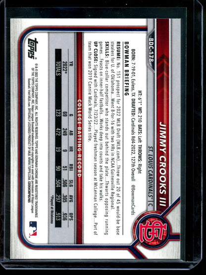 2022 Bowman Sapphire Jimmy Crooks III 1st Yellow Refractor /99 Cardinals