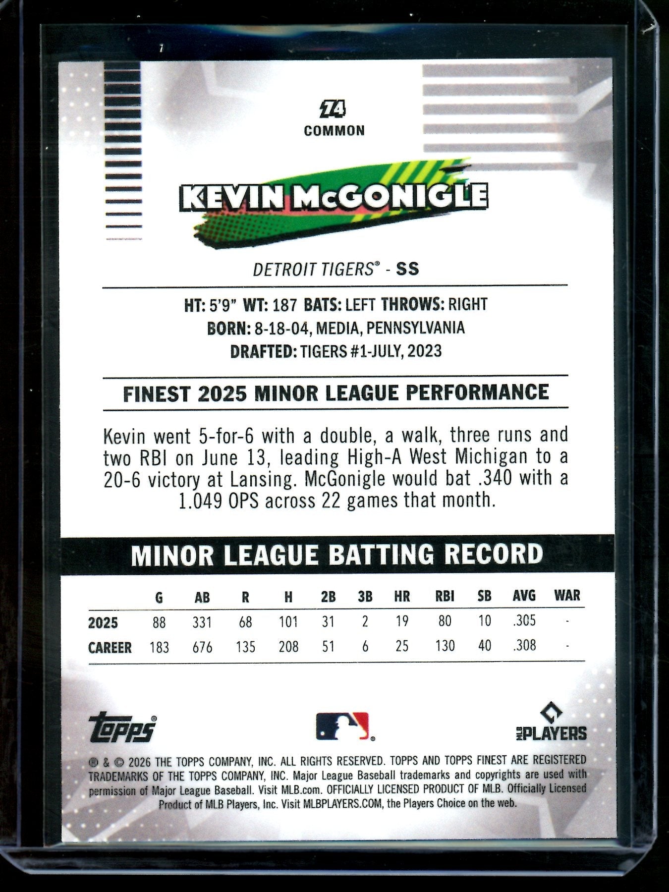 2026 Topps Finest Kevin McGonigle Purple Geometric Rookie /75 Tigers