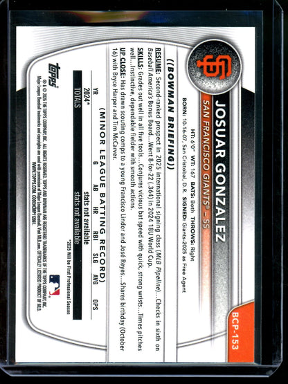2025 Bowman Chrome Josuar Gonzalez 1st Blue Geometric Refractor /150 Giants