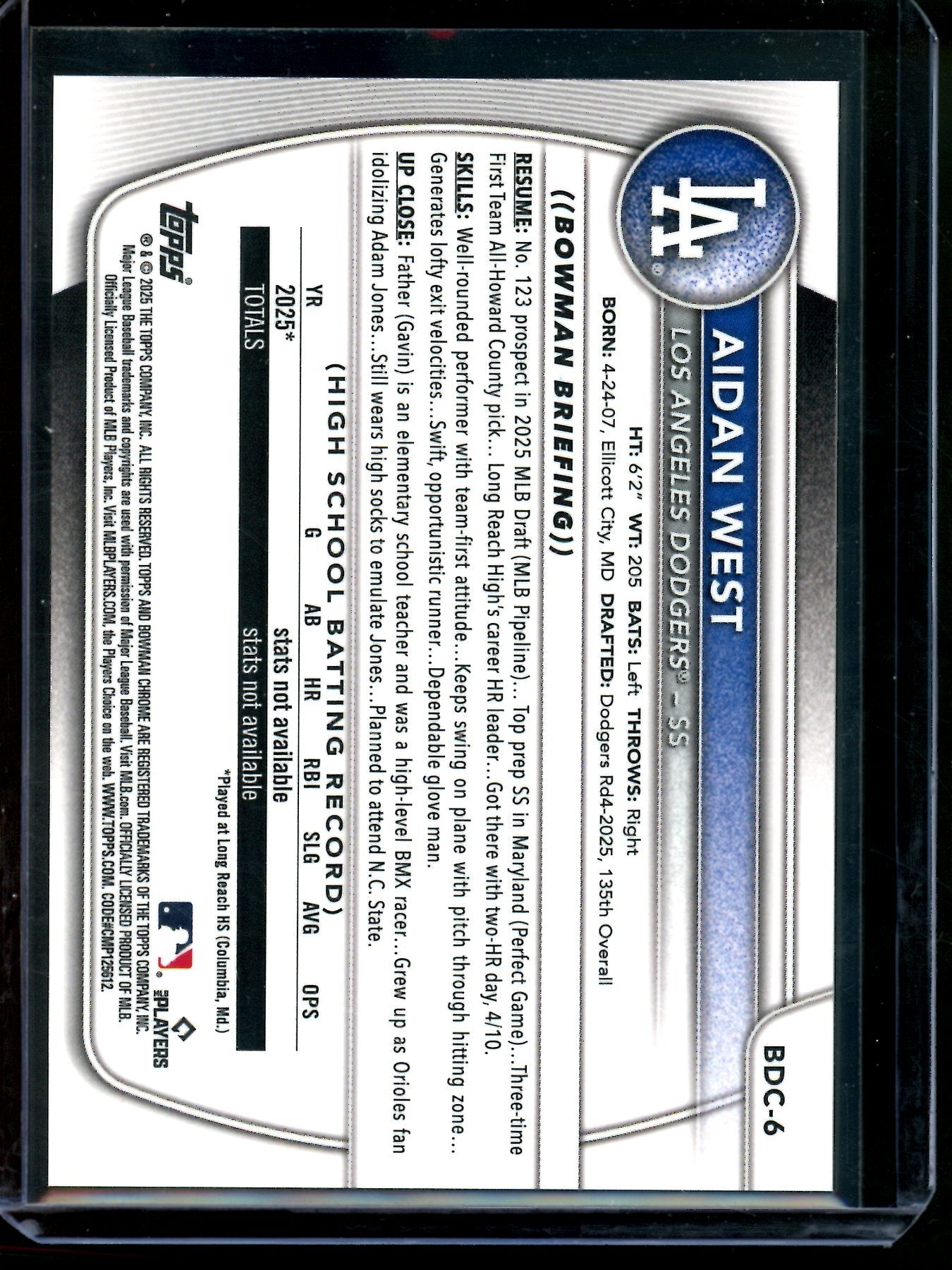 2025 Bowman Chrome Aidan West 1st Gold Refractor /50 Dodgers