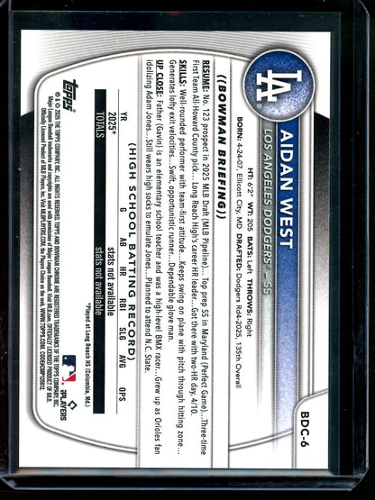 2025 Bowman Chrome Aidan West 1st Gold Refractor /50 Dodgers