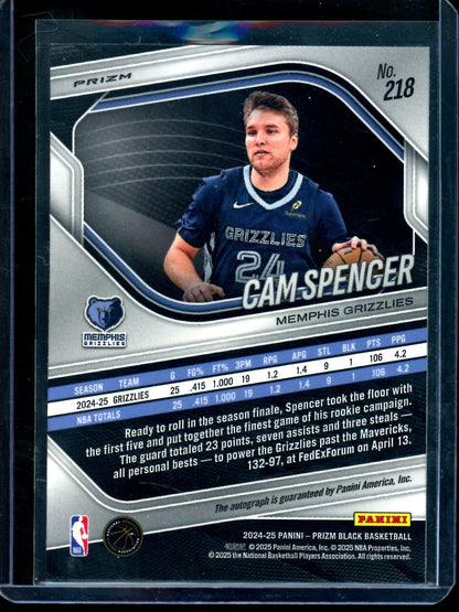 2025 Panini Prizm Black Cam Spencer Silver Rookie Autograph Grizzlies