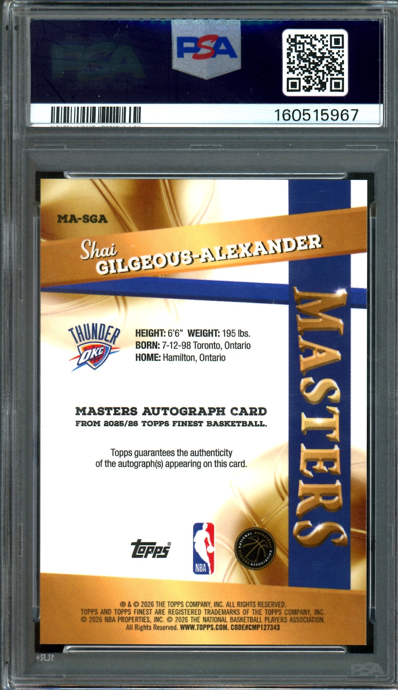 2026 Topps Finest Shai-Gilgeous Alexander Masters Orange Autograph /25 PSA 10 Thunder