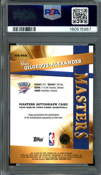 2026 Topps Finest Shai-Gilgeous Alexander Masters Orange Autograph /25 PSA 10 Thunder