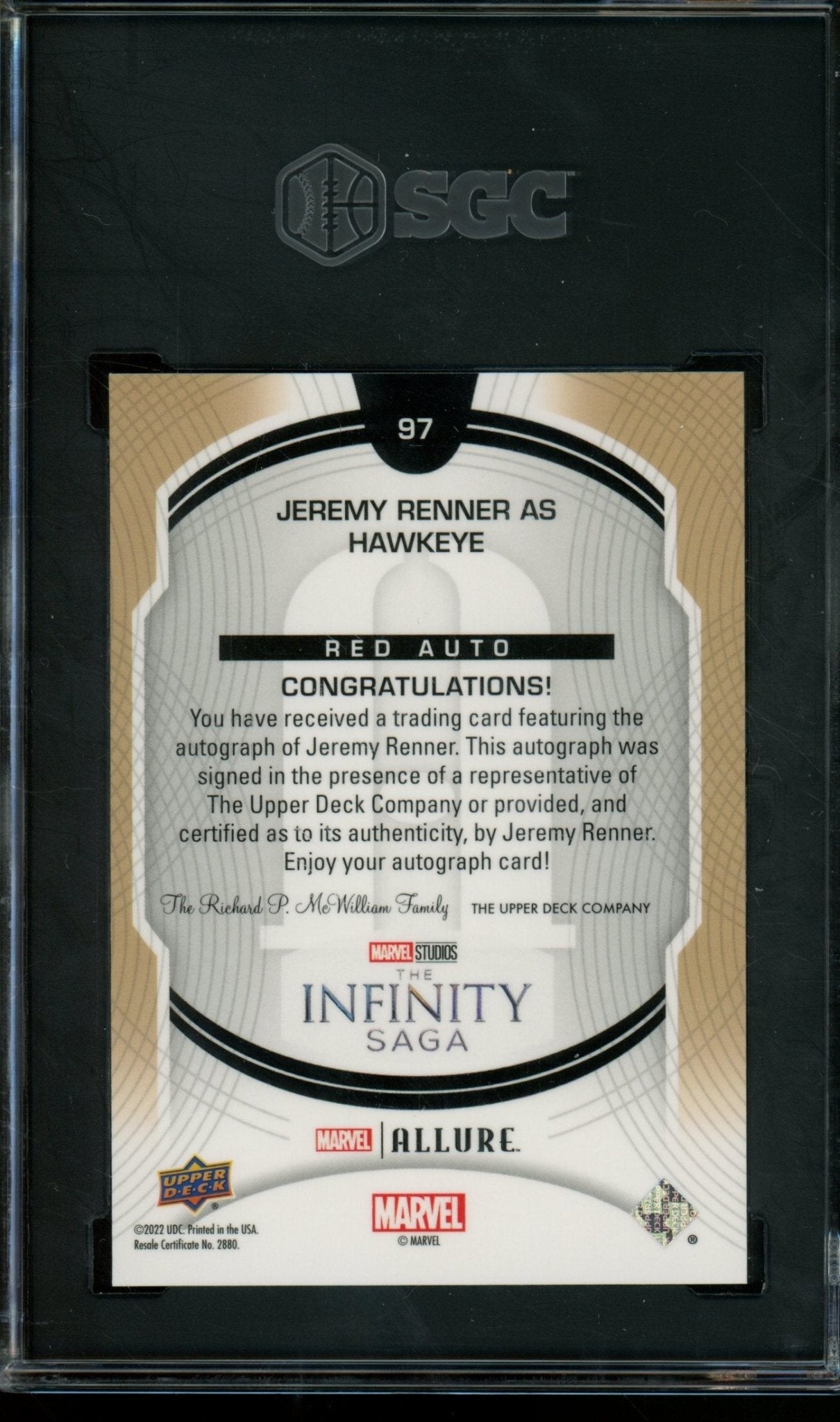 2022 Panini Allure Jeremy Renner Red Rainbow Autograph SGC 10/9 - Trading Card Market