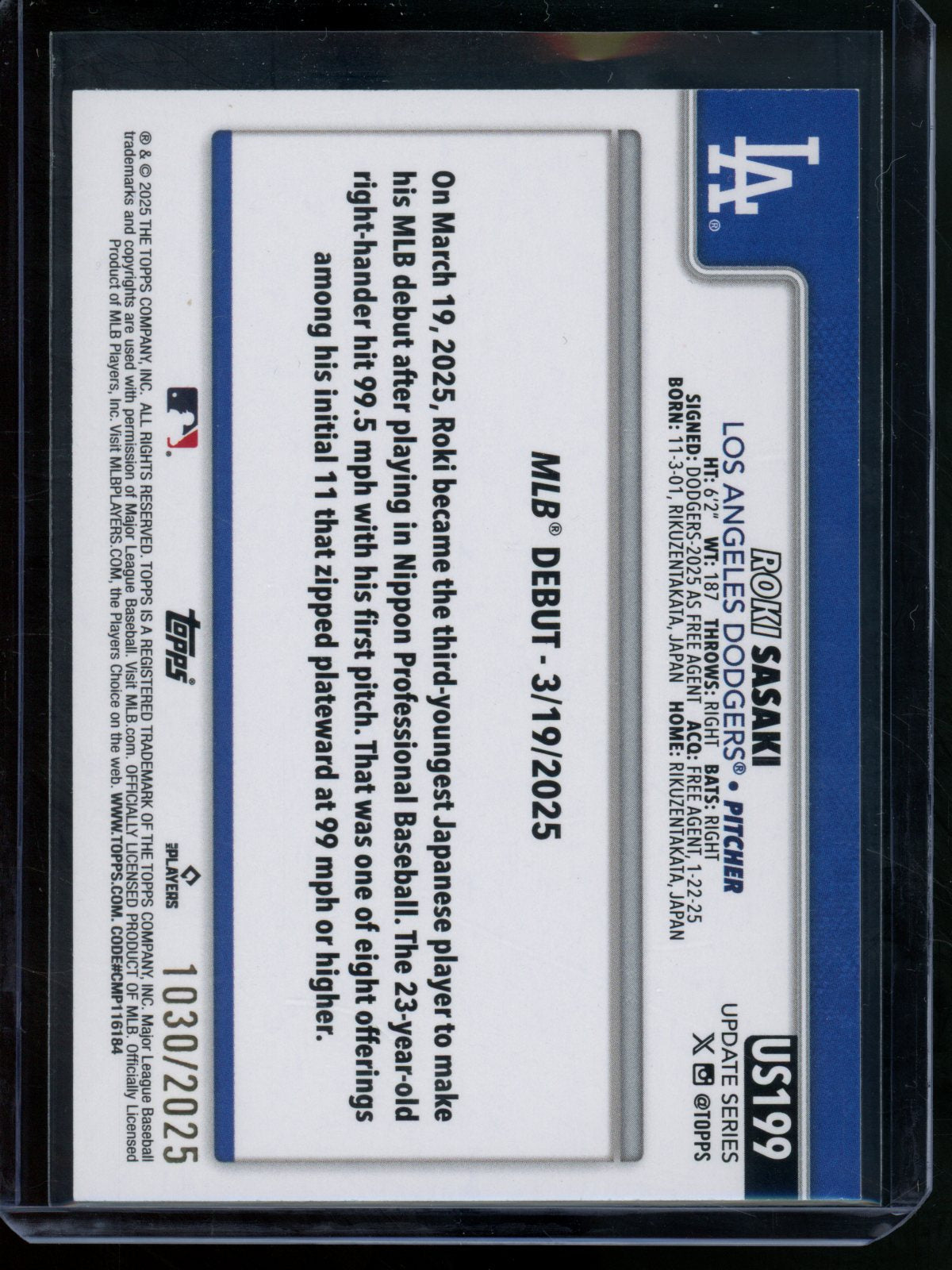 2025 Topps Flagship Roki Sasaki Rookie Debut Gold /2025 Dodgers