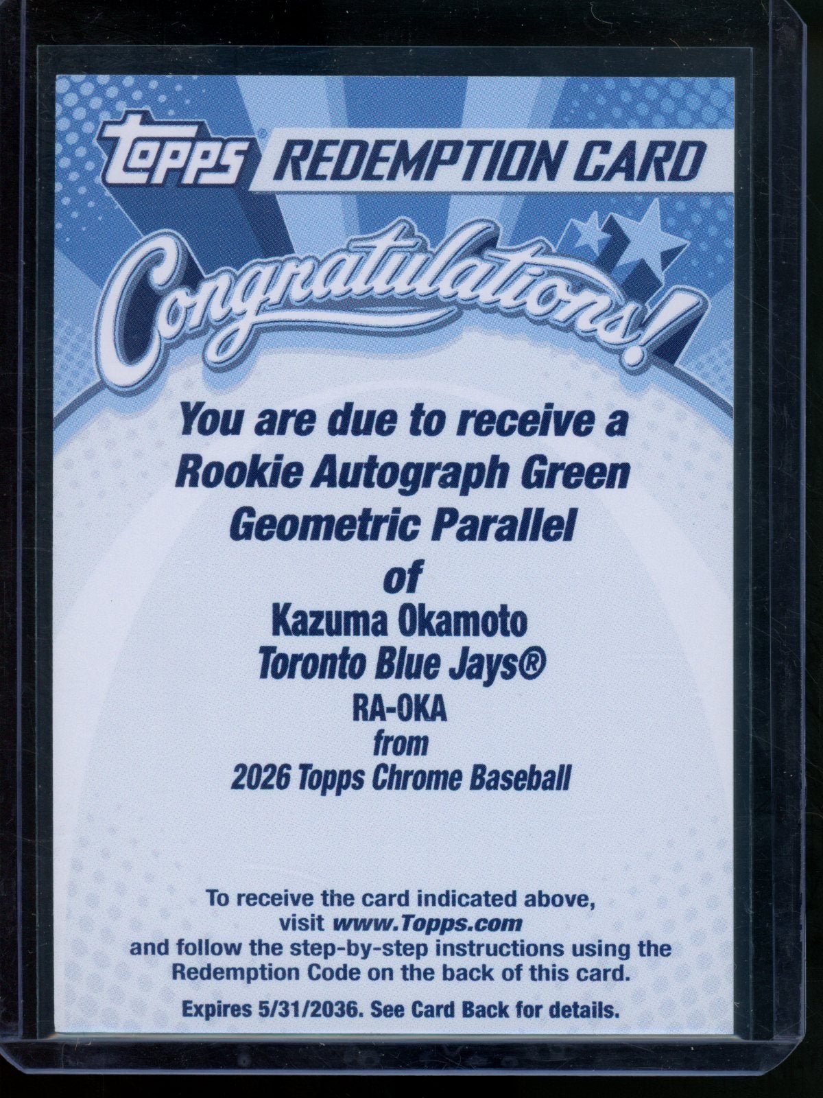 2026 Topps Chrome Kazuma Okamoto Green Geometric Rookie Auto Redemption Blue Jays - Trading Card Market