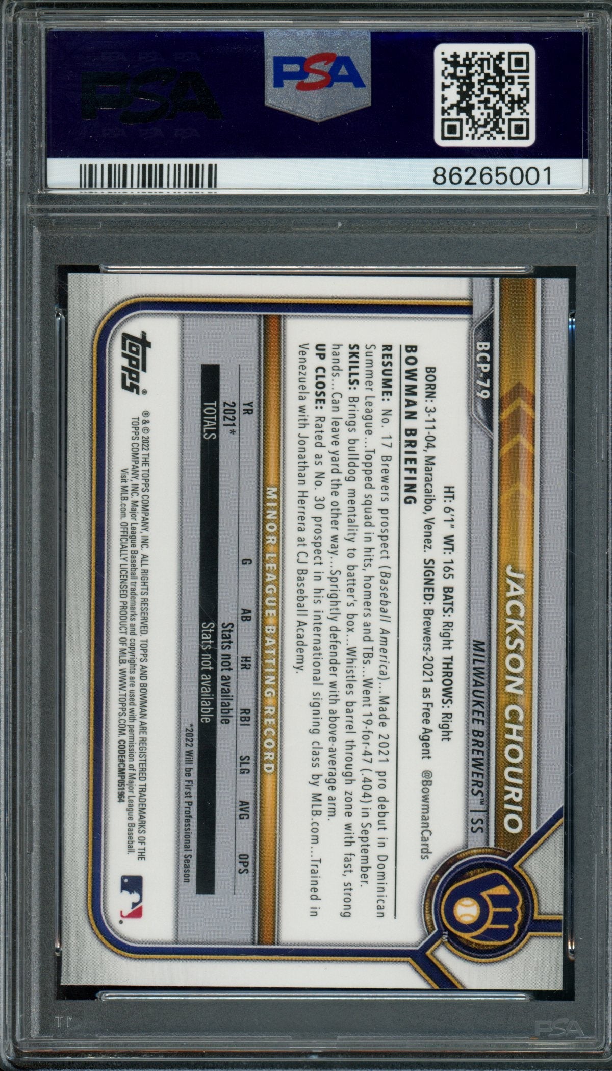 2022 Bowman Chrome Jackson Chourio 1st Sapphire PSA 10 Brewers