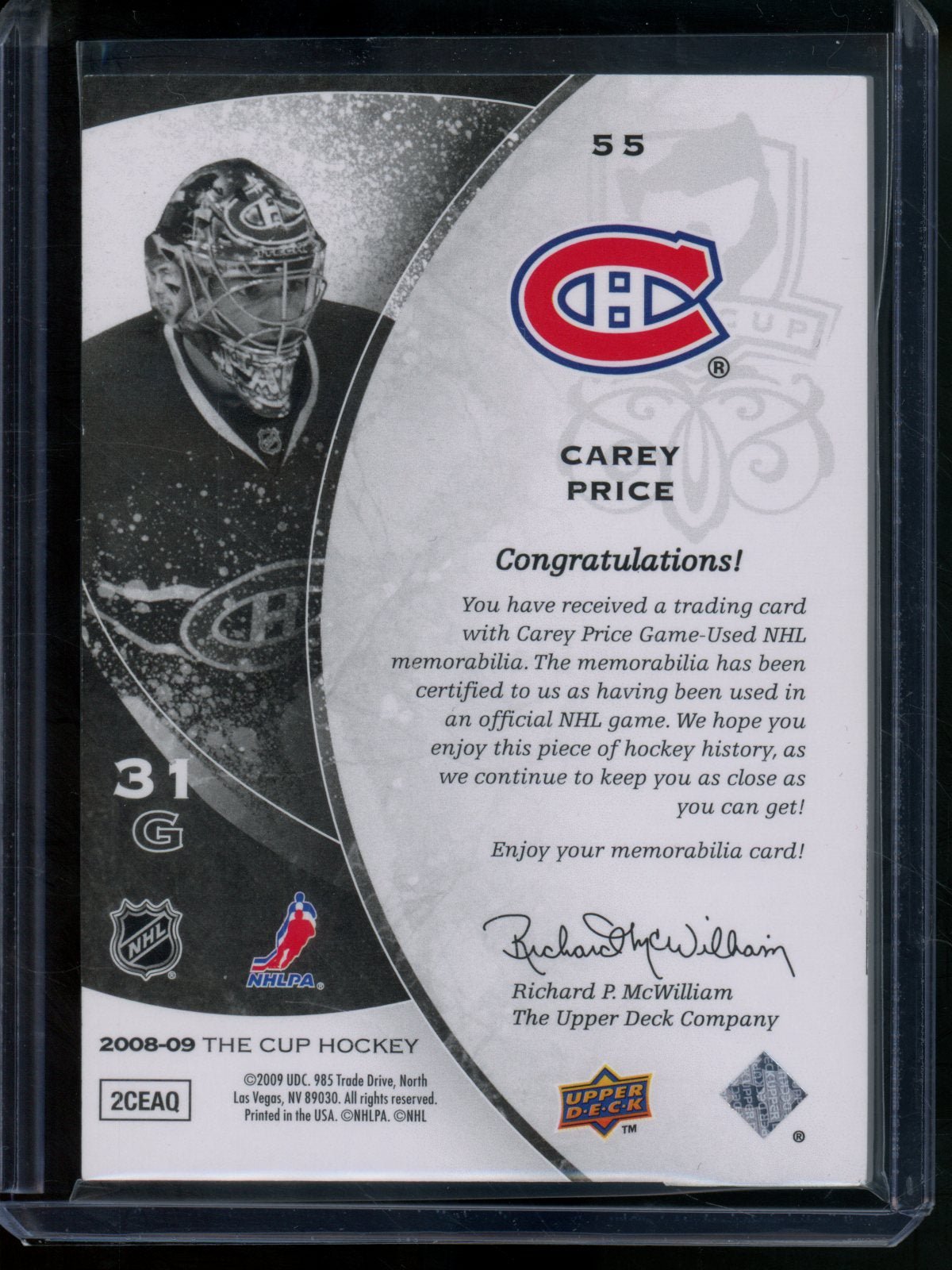 2009 Upper Deck The Cup Carey Price Relic /25 Canadiens - Trading Card Market