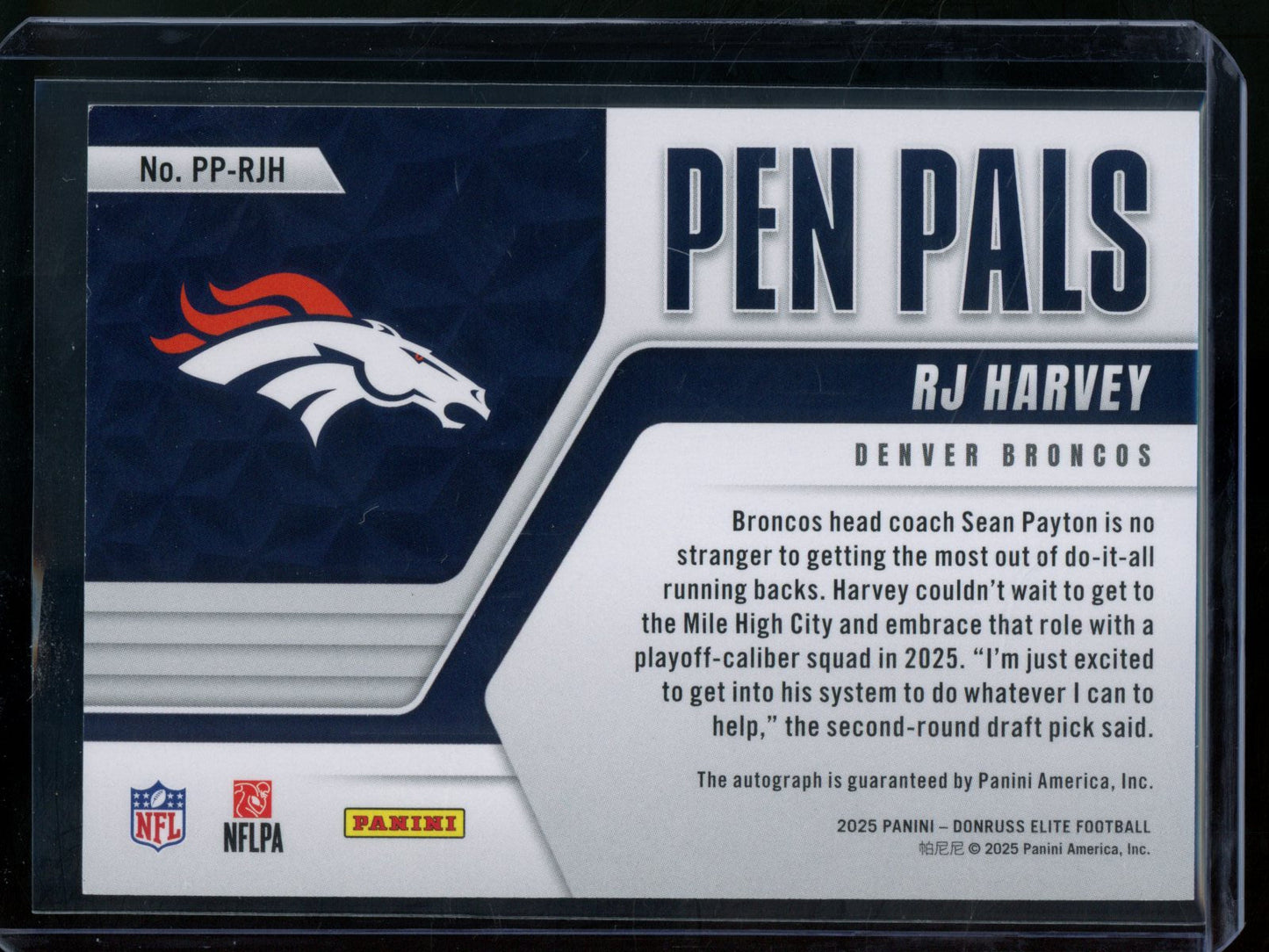 2025 Panini Elite RJ Harvey Pen Pals Rookie Autograph Broncos